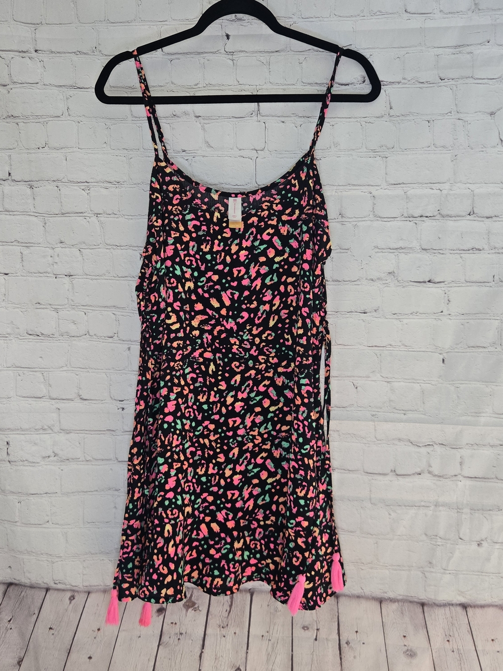 y2k no boundaries Neon Leopard Print Mini Dress Corset Sides Tassled Sz Lg